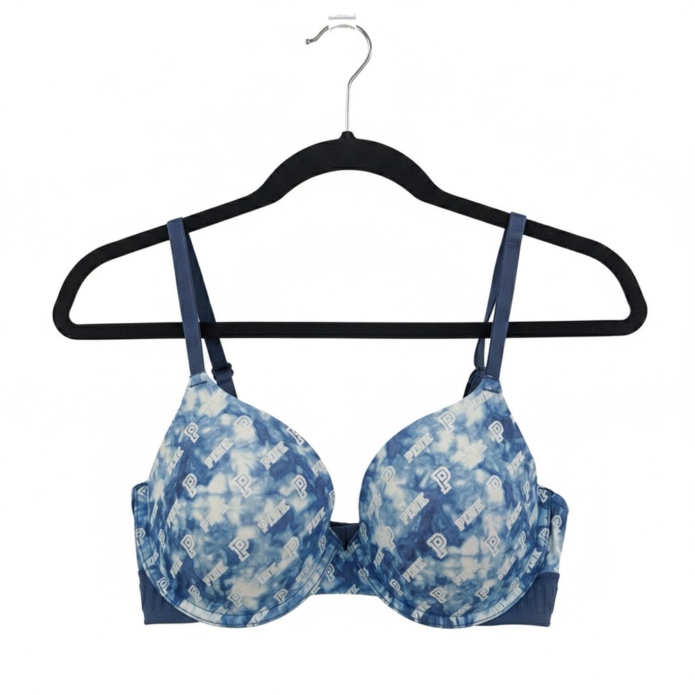 Victoria's Secret PINK Bra Women's 36DD Blue Tie Dye Logo T-shirt Lightly Lined